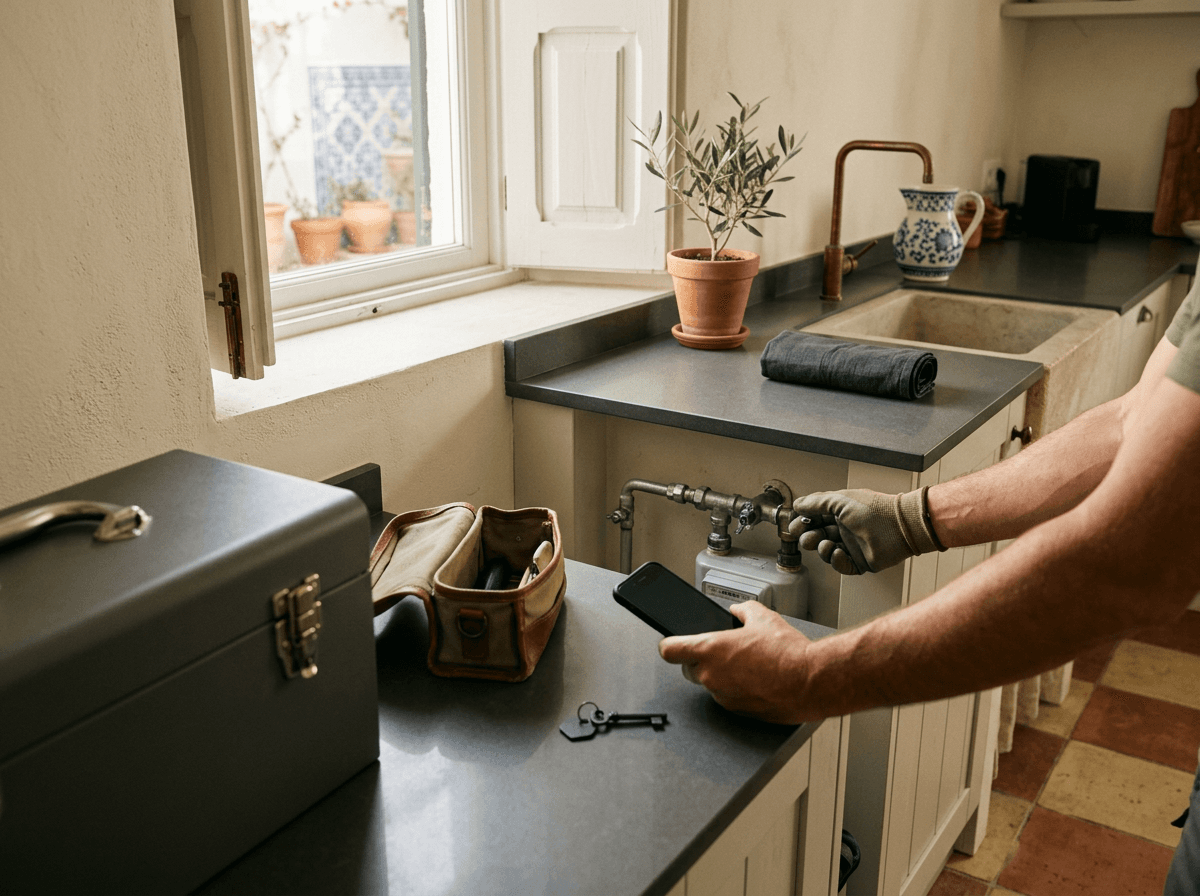 Maintenance coordination in a Portuguese home with tools, utility checks and owner updates