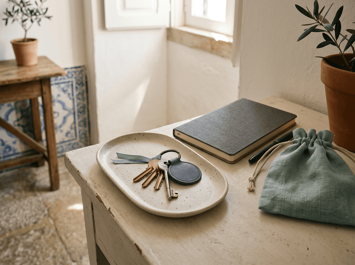 Secure keyholding setup with house keys, notebook and linen pouch in a Portuguese home