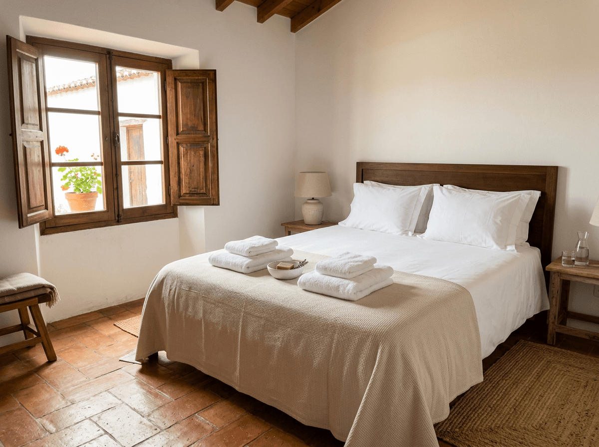 Bedroom ready for owner arrival with fresh towels