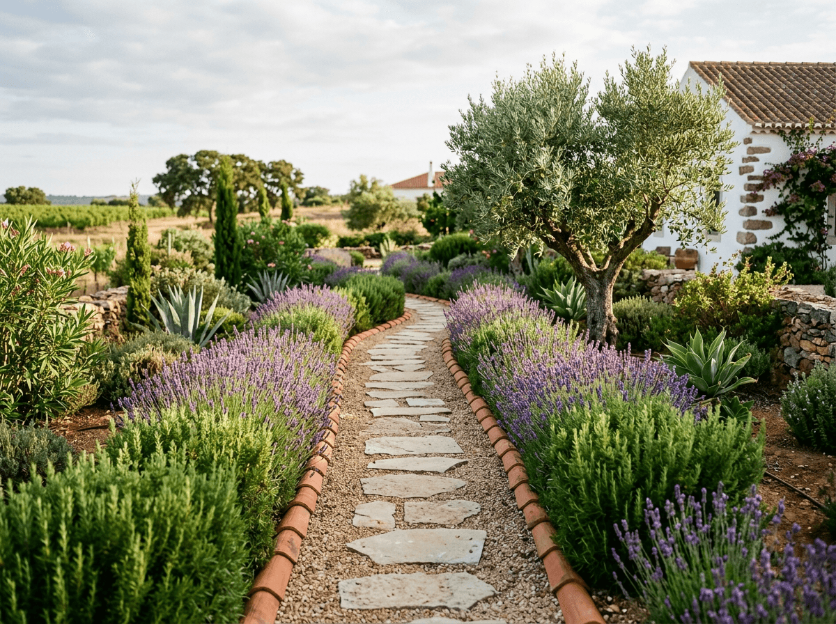 Mediterranean garden path with lavender, olive trees and tidy planting