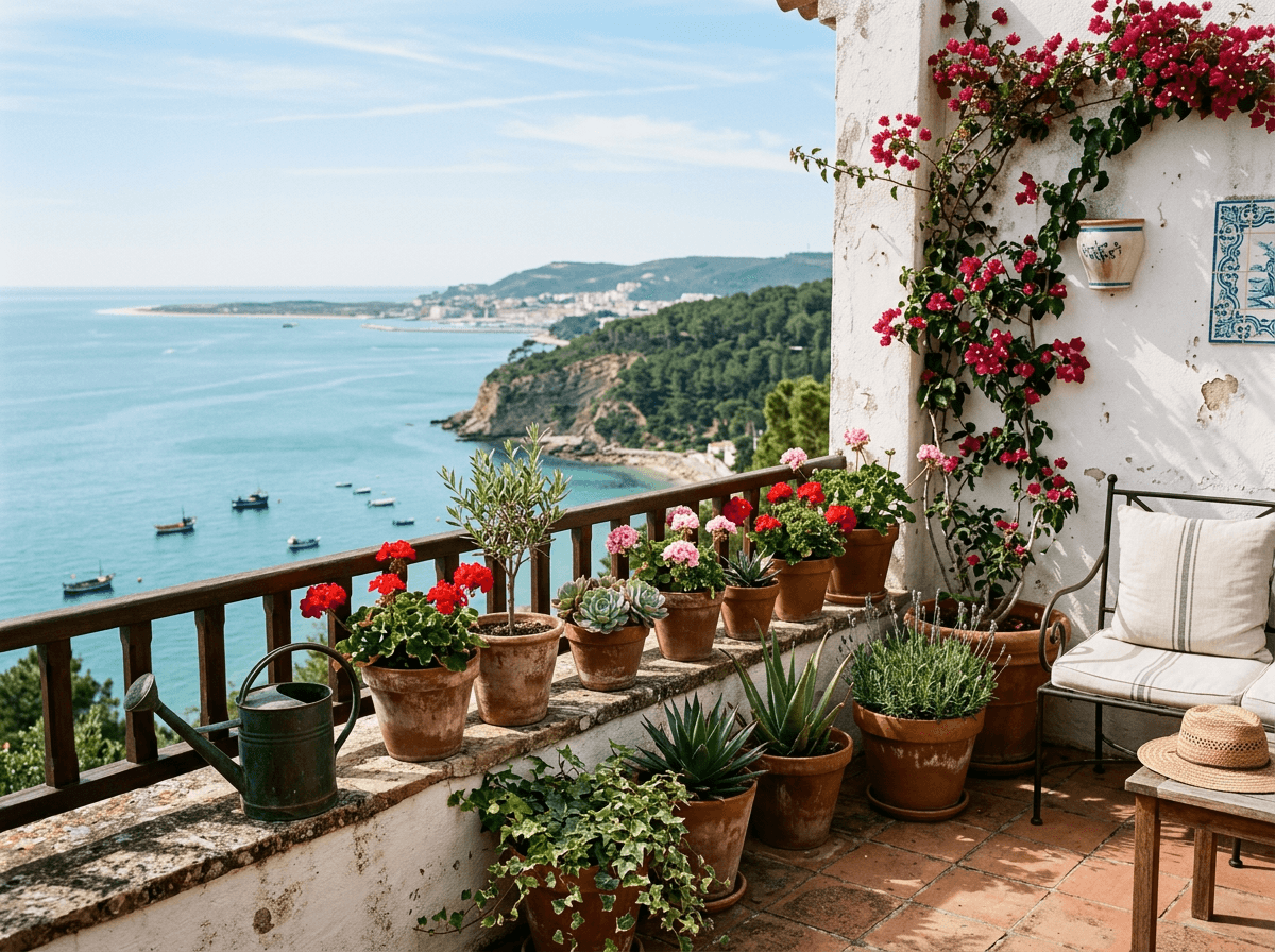 Terrace plants cared for at a coastal Portuguese property