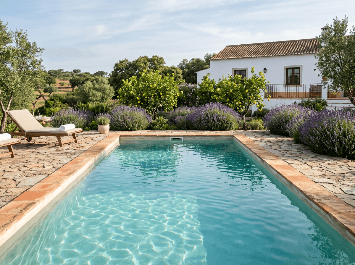Clean residential pool and Mediterranean garden at a Portuguese home