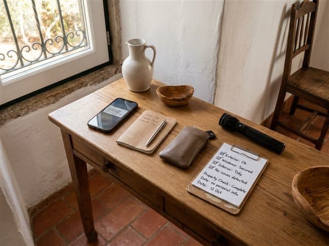 Urgent property check setup with phone, checklist, key pouch and flashlight
