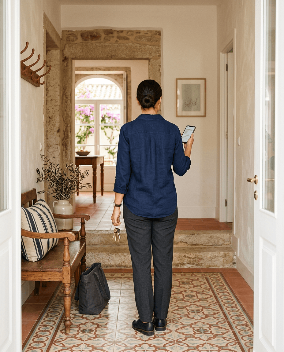 Local property support professional in a Portuguese home carrying keys and checking updates